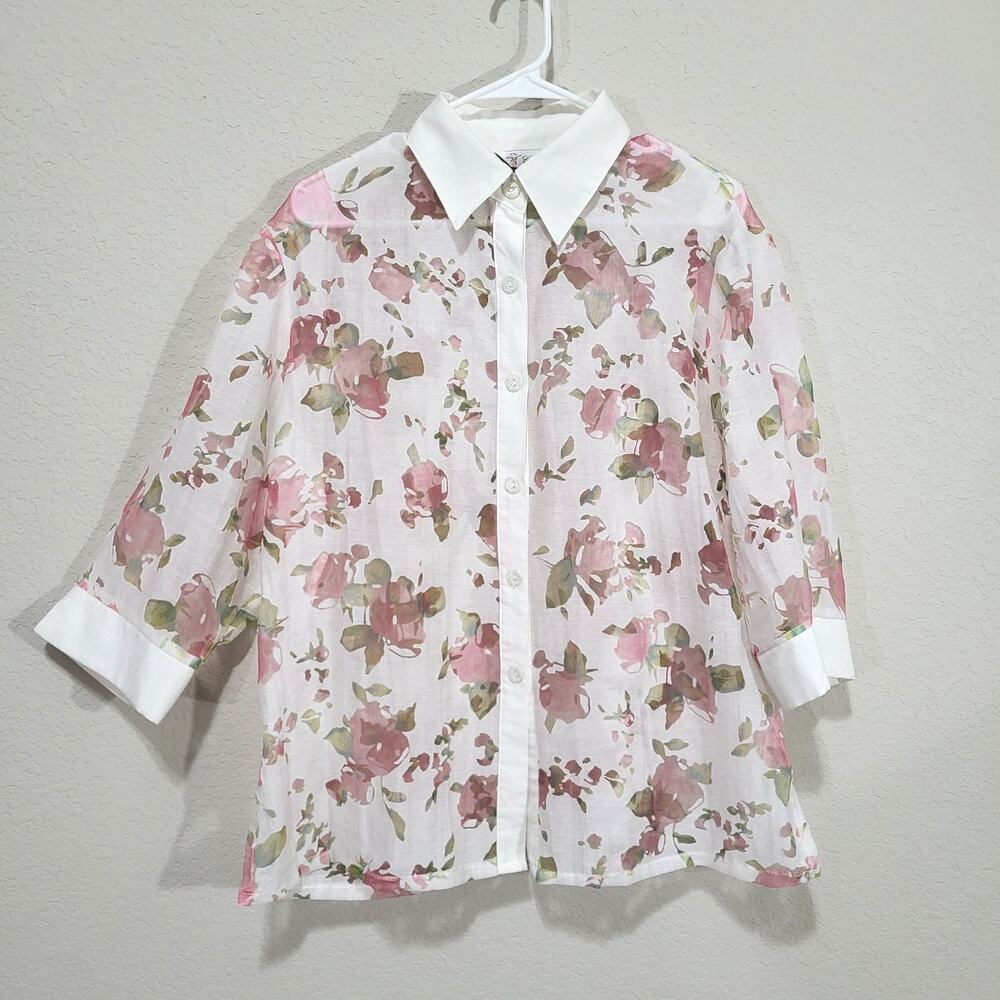 Cherry Floral Blouse Womens XXL Sheer Floral Button Up Smart Casual White Pink